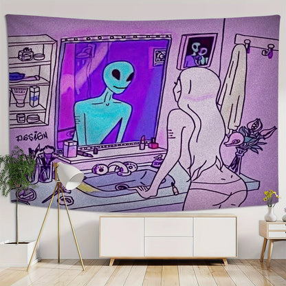 VIKAMA Halloween Tapestry Trendy Alien Girl Decorative Wall Hanging Living Room Bedroom Home Decor Room Accent Party Decoration