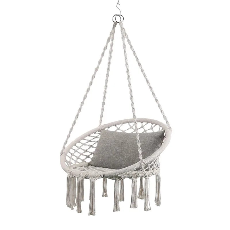 Nordic Style Cozy Macrame Hanging Chair Swing for Balcony Boho Egg Swing Seat Indoor Outdoor Rope Hammock Chair with Fringe