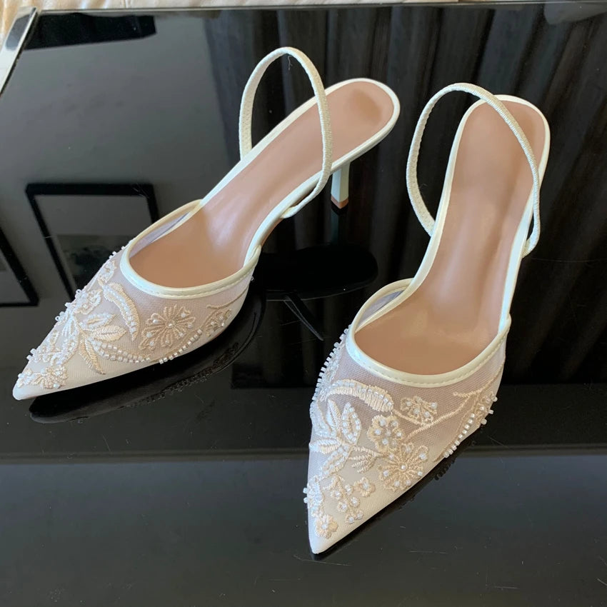 Brand Designer Mesh Embroidered White Women's High Heels Flower Straps Sexy Bareback High Heels Dress Women's Wedding Shoes