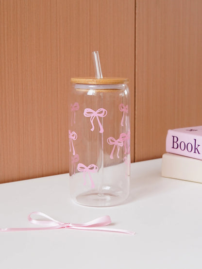 1/2/4/6Pcs Glass Cups with Bowknot Print, with Lid and Straw, Exquisite and High-End Bowknot Glass Cups, Suitable for Home Decoration, Daily Household Drinking Cups, Outdoor Picnic Cups, Party Cups, Breakfast Milk Cups, Gift-