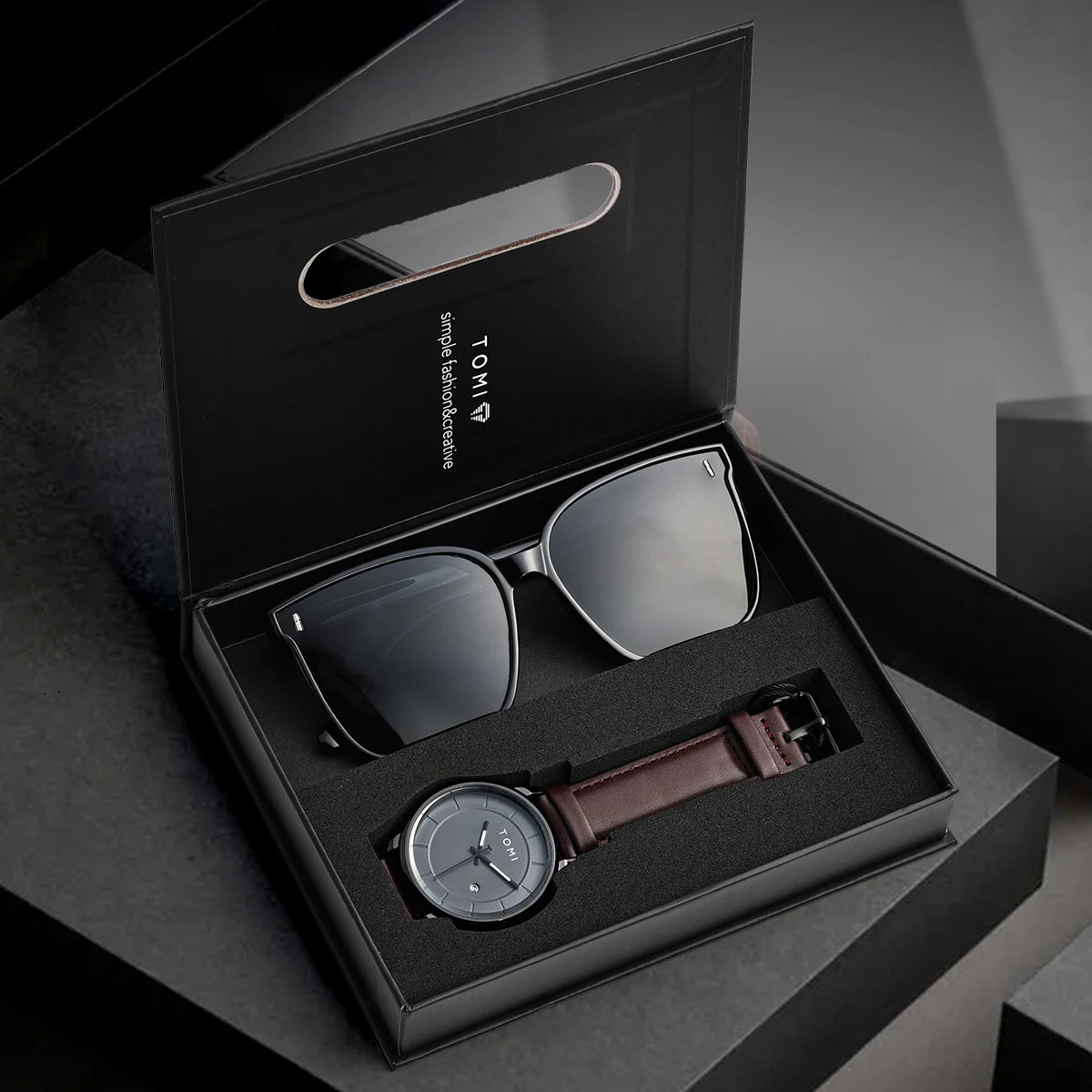 TOMI New 2PCS Casual Fashion Men Watch Gift Box Set Luxury Round Large Dial Calendar Men Quartz Watch Glasses Gift Box
