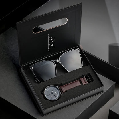 TOMI New 2PCS Casual Fashion Men Watch Gift Box Set Luxury Round Large Dial Calendar Men Quartz Watch Glasses Gift Box