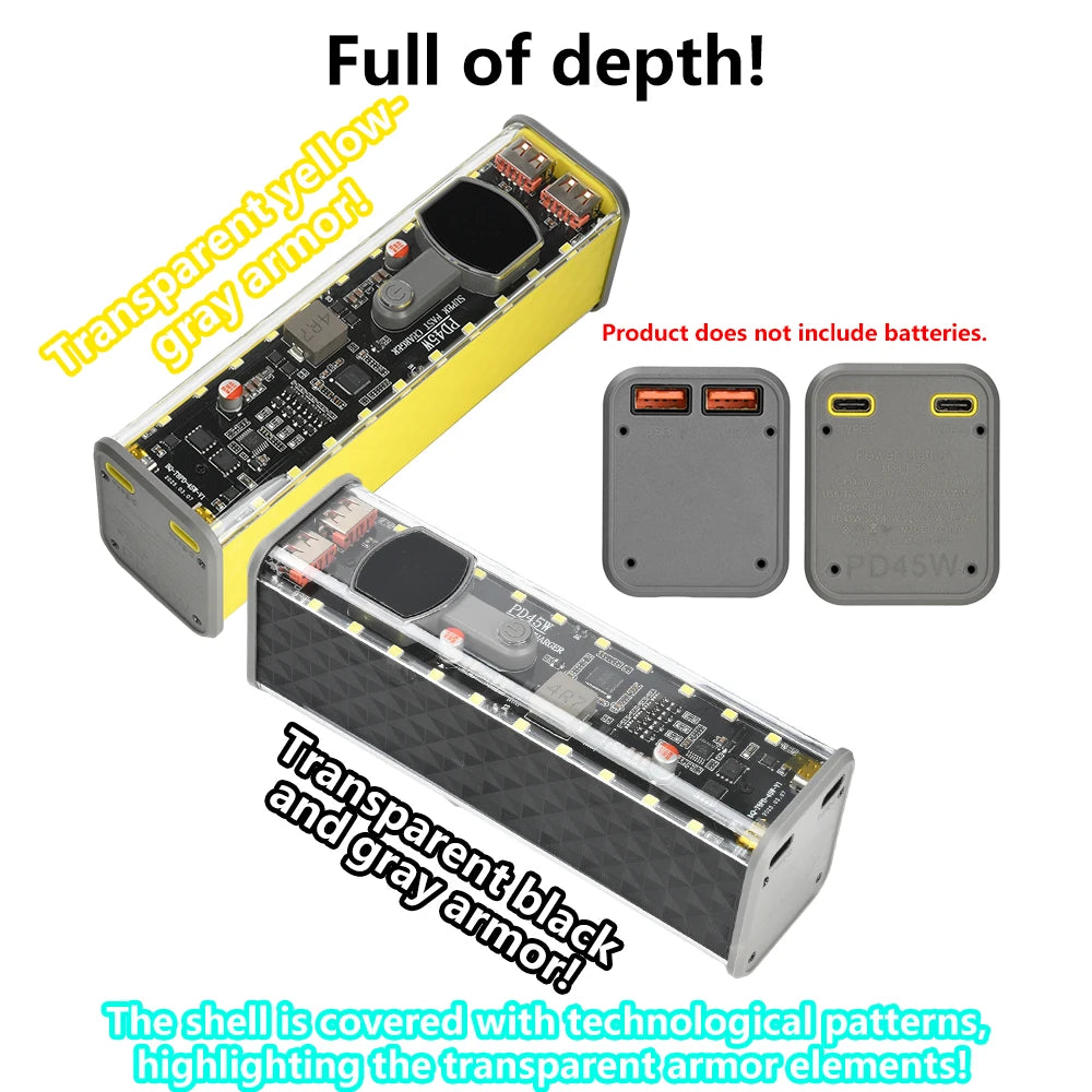 PD65W 45W Super Fast Charging DIY Power Bank Case Weld-Free 8-Cell 18650 Battery Storage Box Daul USB Type C Output