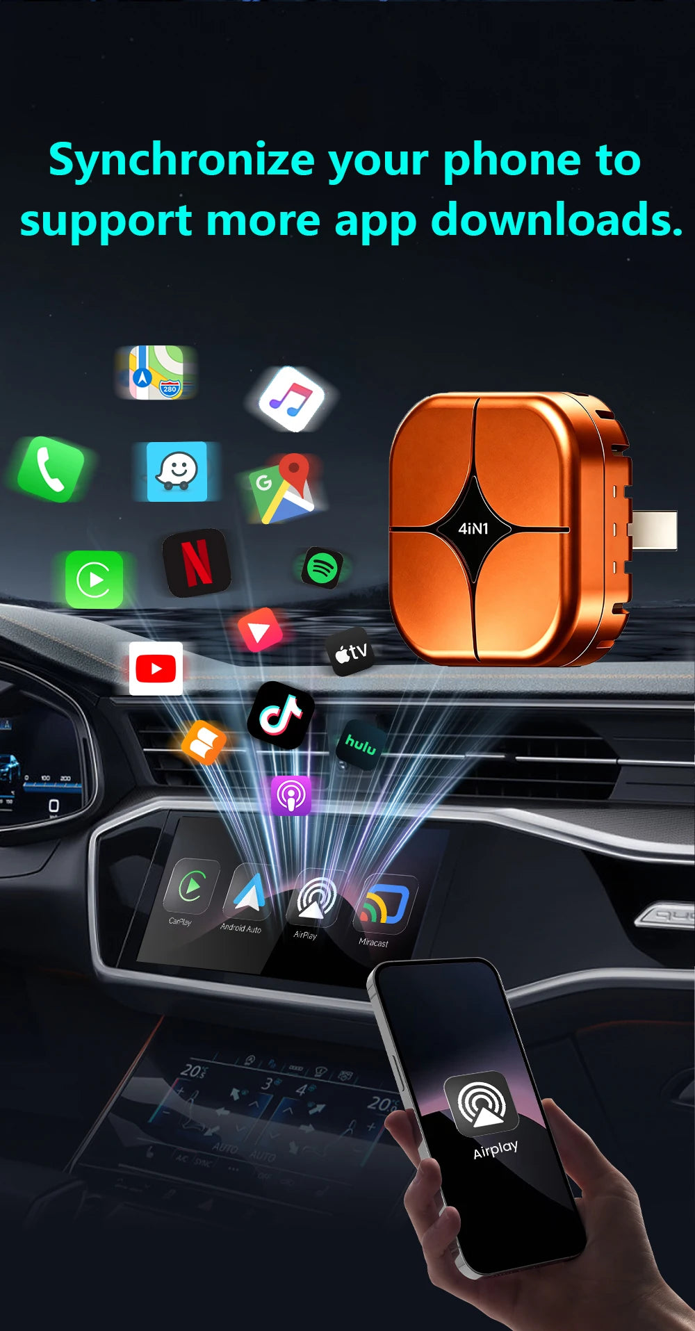 2026 4in1 New Upgrade Carplay Adapter Wireless Android Auto Mirror Link Smart MiNi AI Box USB Plug and Play Auto Connect WiFi