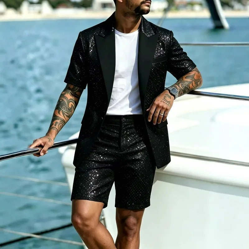 KIDWHXR Man Summer 2-piece Outfit Patchwork Short Sleeve Blazer Male Straight-leg Shorts Men Sequins Wedding Party Suit Set