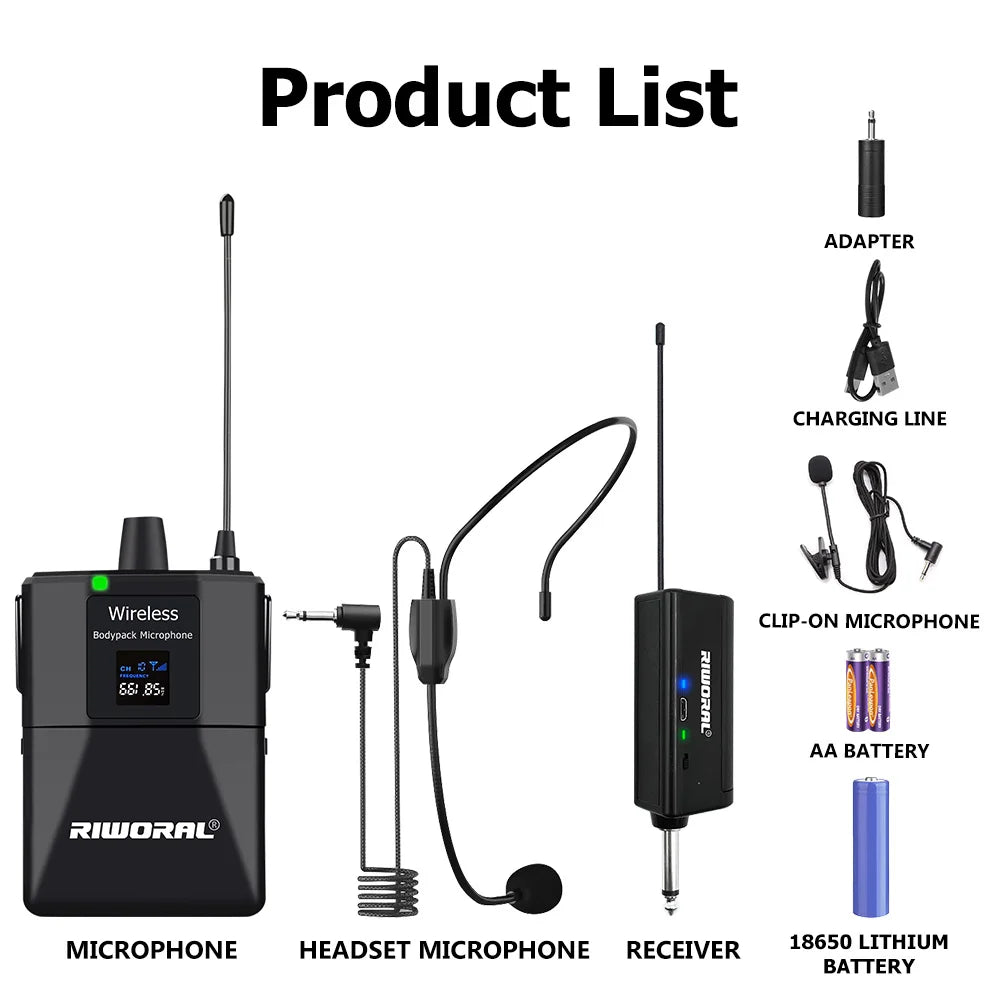 Riwoarl Wireless Transmitter System Professional UHF headset Mic 50M For Party Show Stage Wedding Church