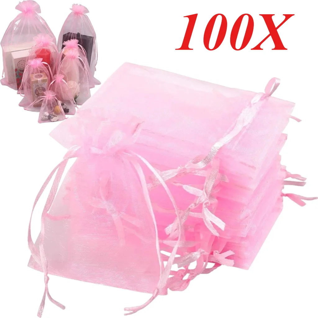 100PCS Organza Bags Random Mesh Organza Jewelry Bags Drawstring, Small Drawstring Favor Pouches Christmas Candy Wedding Birthday