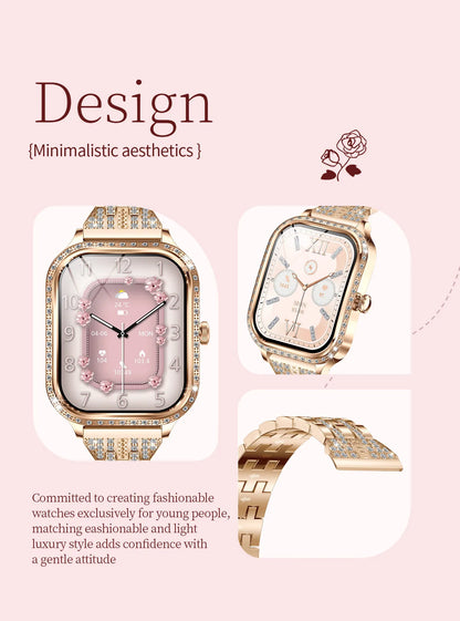 LIGE Fashion Design Women Smart Watch 1.75" Curved Screen Smartwatch Bluetooth Call Clock IP68 Waterproof Diamond Case Bracelet