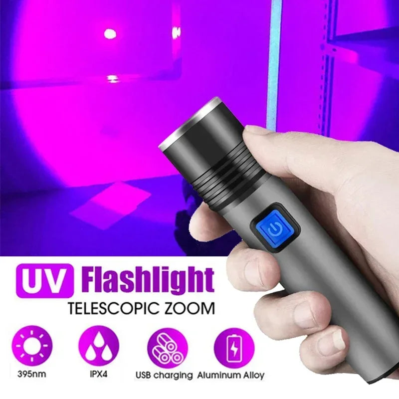 1/2PCS USB Charging Ultraviolet Flashlights UV Flashlight Blacklight Zoomable Torch Lamps Pet Urine Detector Hunting UV Light