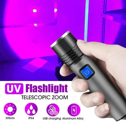 1/2PCS USB Charging Ultraviolet Flashlights UV Flashlight Blacklight Zoomable Torch Lamps Pet Urine Detector Hunting UV Light