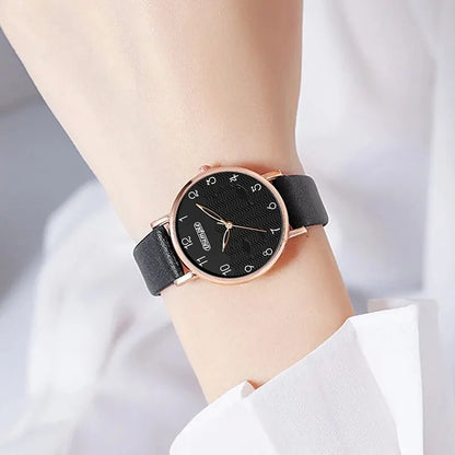 6pcs Sets Luxury Women's Black Leather Watches Butterfly Dial with Quartz Wristwatch Women Earring Bracelet Necklace Set