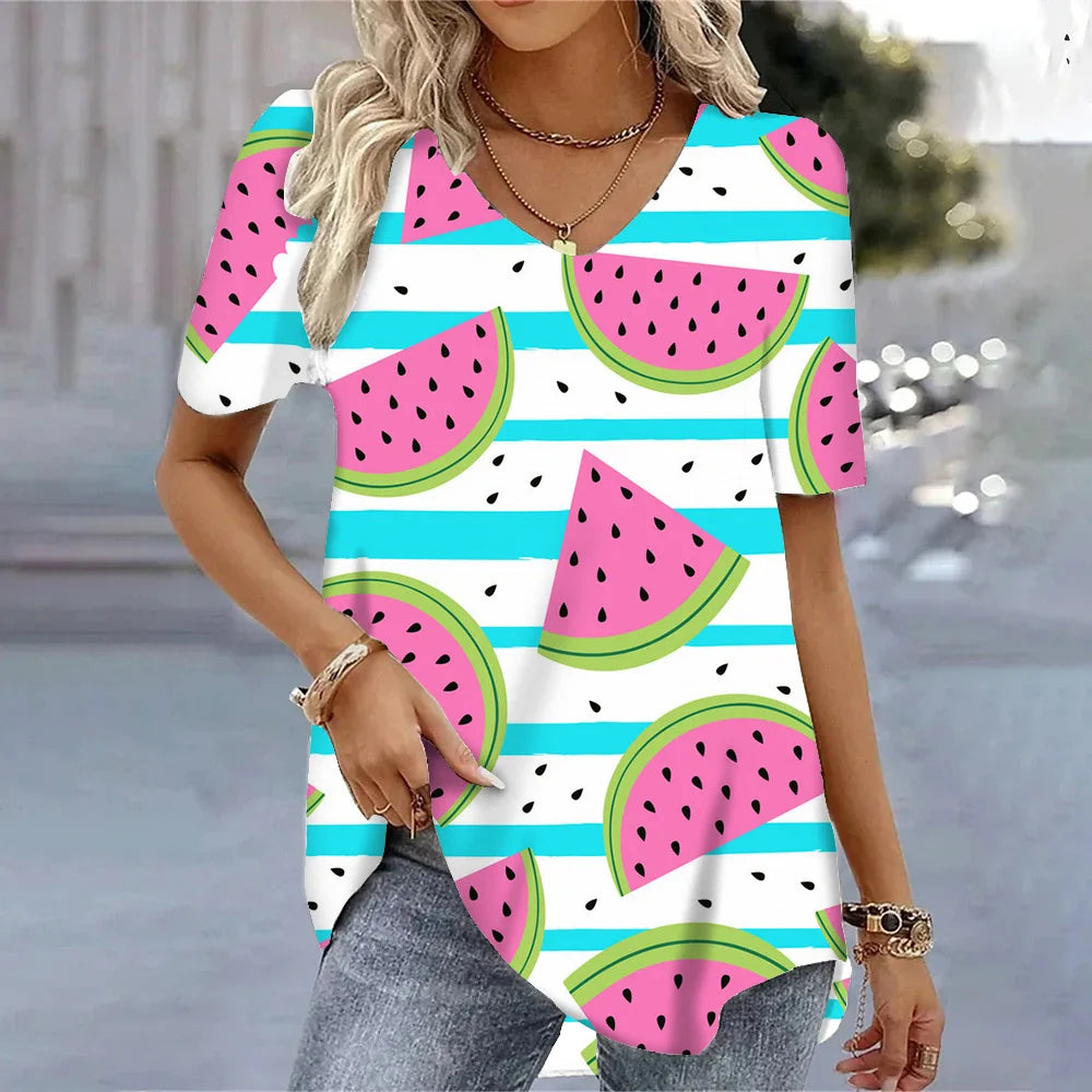 3D Watermelon Printed Women's V-neck Tee Shirts Summer Cool Short Sleeves Tops Fashion Casual Loose Pullovers Female T-shirts
