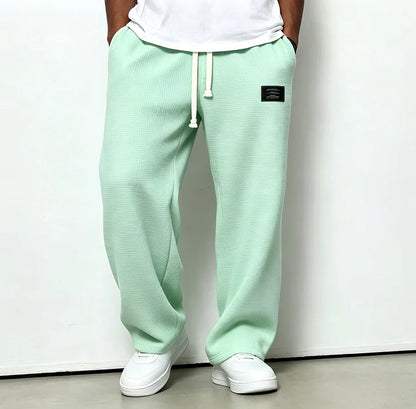 Men Waffle Knit Wide Leg Pants Elastic Drawstring Casual Trousers Loose Streetwear Workout Jogger PantsS-4XL