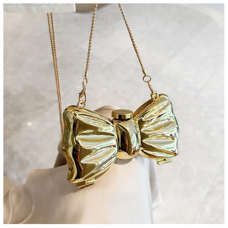 Luxury Designer Mini Bowknot Evening Bag for Women Girls Crossbody Handbag Chain Shoulder Bags Metal Purse for Party Wedding
