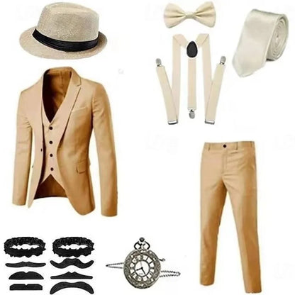 Retro Gatsby 1920S Men's Slim Fit Suit Set with Hat Vest Shirt for Engagement Party Dress Up