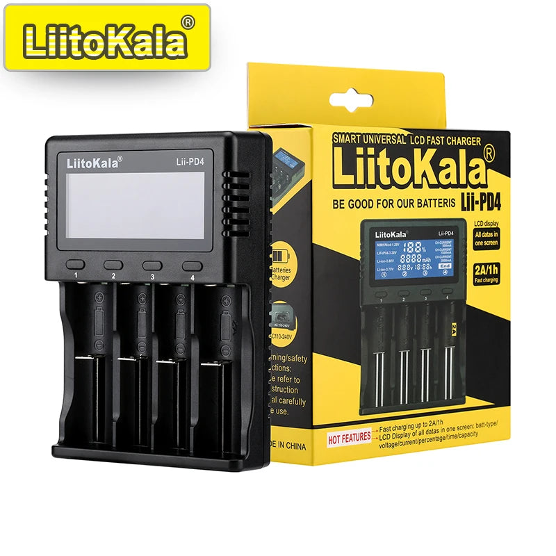 Ładowarka sieciowa LiitoKala Lii-PD4/PD2 LCD, szybkie ładowanie, 4/2 gniazda na akumulatory 21700/18650/AA/AAA, wielokrotne zabezpieczenia, automatyczne wykrywanie