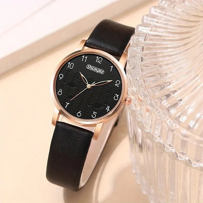 6pcs Sets Luxury Women's Black Leather Watches Butterfly Dial with Quartz Wristwatch Women Earring Bracelet Necklace Set