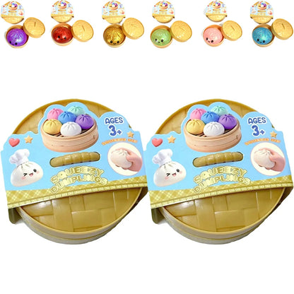 Colorful Dumpling Squishes Stress Balls Fidget Sensory Toys Simulation Food Squishies Bun with Steamer Squeeze Dough Ball Gifts