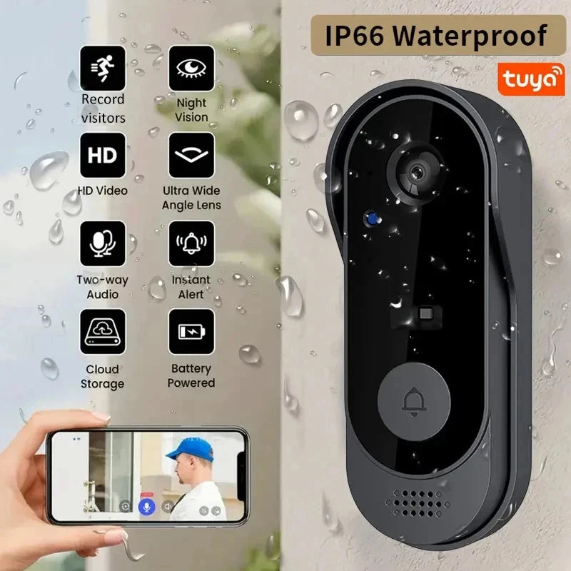 Tuya WiFi inteligentny dzwonek wideo do domu, zewnętrzna dwukierunkowa kamera HD do drzwi, 1080P, obsługa kart SD, przechowywanie w chmurze, wodoodporny