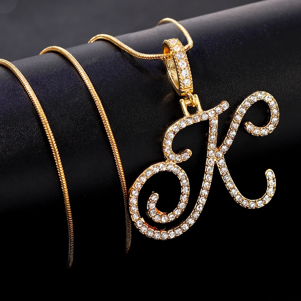Fashion 26 Cursive Initial Letter Zircon Pendant Necklace For Women Shiny Crystal Alphabet Rope Chain Necklace Hip Hop Jewelry
