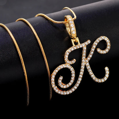 Fashion 26 Cursive Initial Letter Zircon Pendant Necklace For Women Shiny Crystal Alphabet Rope Chain Necklace Hip Hop Jewelry