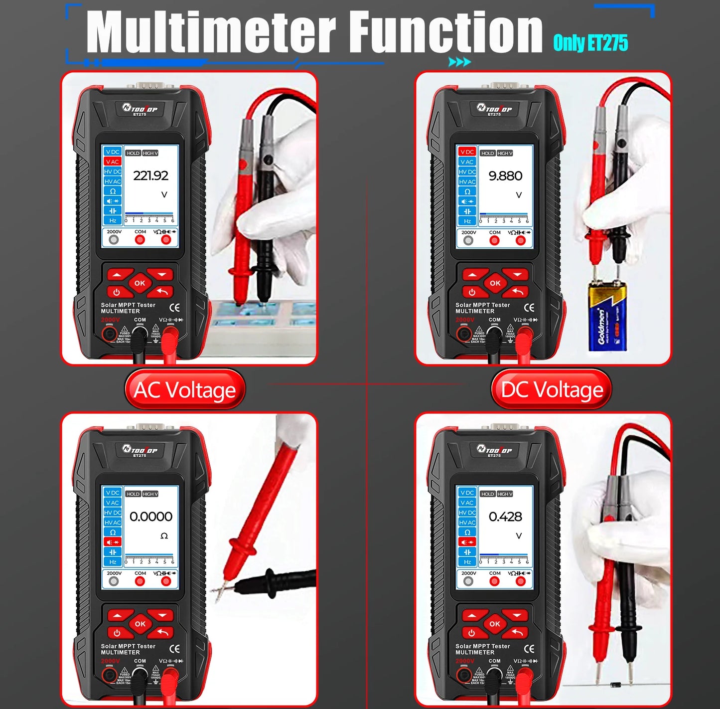 TOOLTOP 2000W Solar MPPT Power Tester 3.2 Inches 2KV 60000 Counts Multimeter Photovoltaic Solar Power Meter Pmax Voc Isc Test
