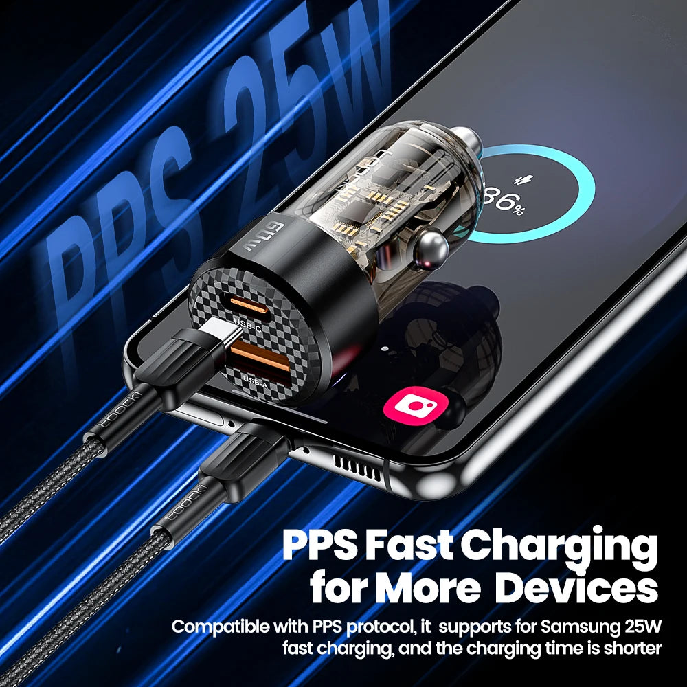 Toocki Transparent USB Type C Car Charger PD QC 3.0 Fast Charging 60W USB C Car Mobile Phone Charger Adapter For iphone Android