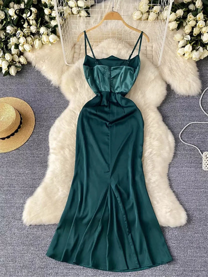 SINGREINY Evening Party Senior Slim Dress Women Spaghetti Strap Backless Zipper Sleeveless Bodycon 2024 Newest Satin Long Dress