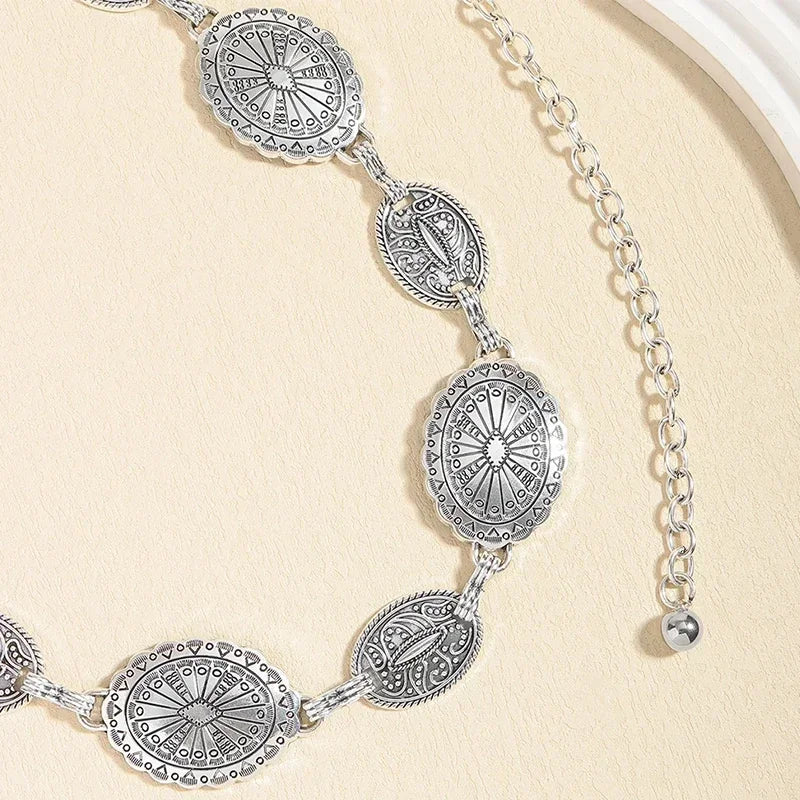 Retro style women's metal waist chain accessories Decorative circle carved chain belt high style accessories