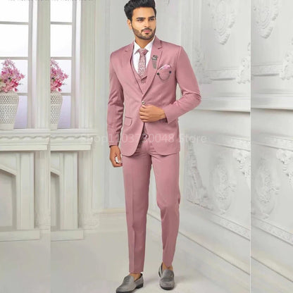 Elegant Pink Men's Suits 3 Piece Notch Lapel Casual Tuxedos for Wedding Groomsmen Suits Business Men Suits(Blazer+Vest+Pant)