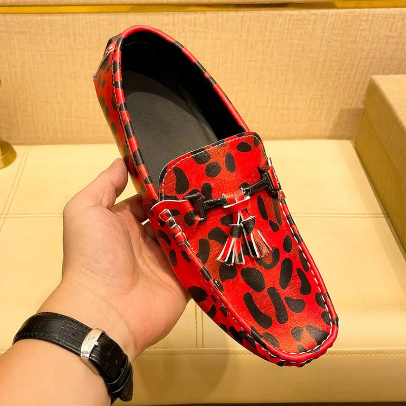 Fashion Red Leopard Leather Casual Shoes Man Designer Tassels Loafers Men Comfortable Slip-on Men's Driving Shoes  Leopard