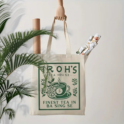 A Iluo Teahouse Pattern printed canvas tote bag, suitable for daily use, shopping, school, and travel