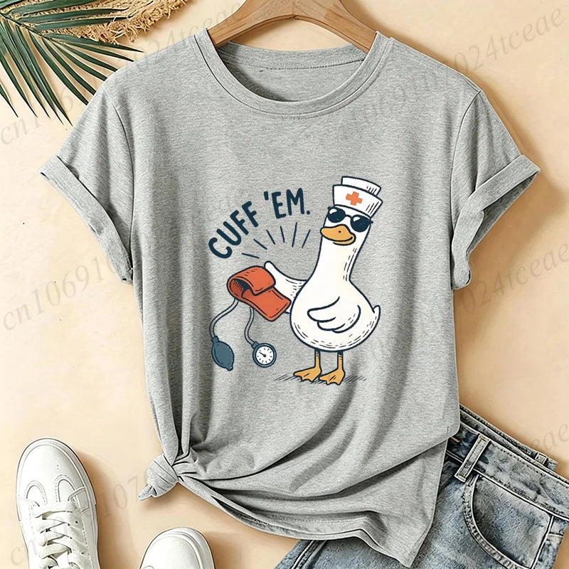 Women Funny Cuff 'Em Duck Nurse T‑Shirt Cute Cartoon Duck Blood Pressure Print Short Sleeve Tops Nurse Appreciation Gift Tees