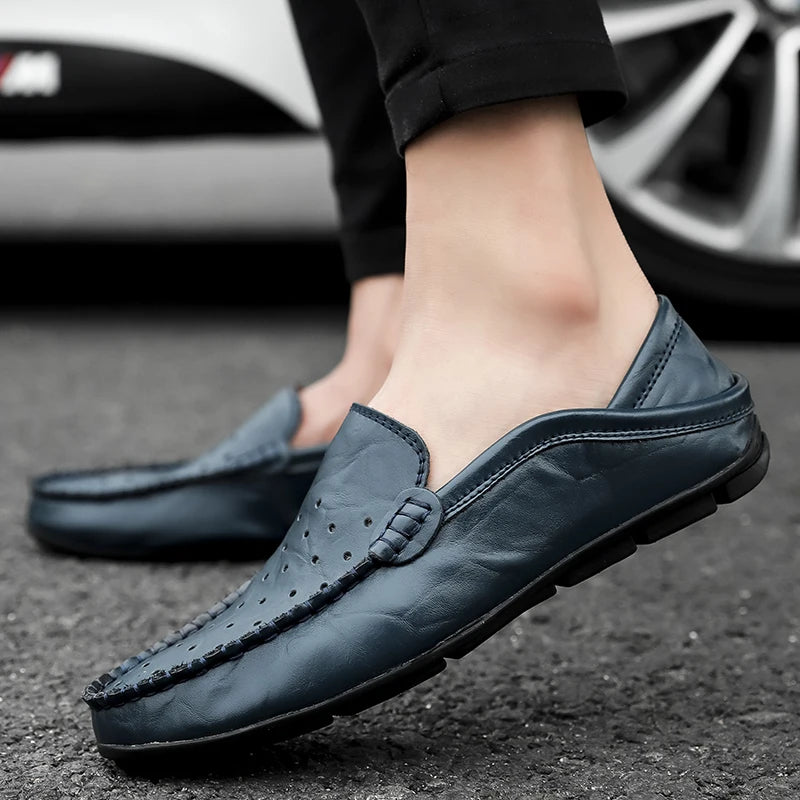 Men's Driving Shoes Large Size Loafers Hollow out Casual Bean Bean Shoes Leather Slip-On Footwear for Men