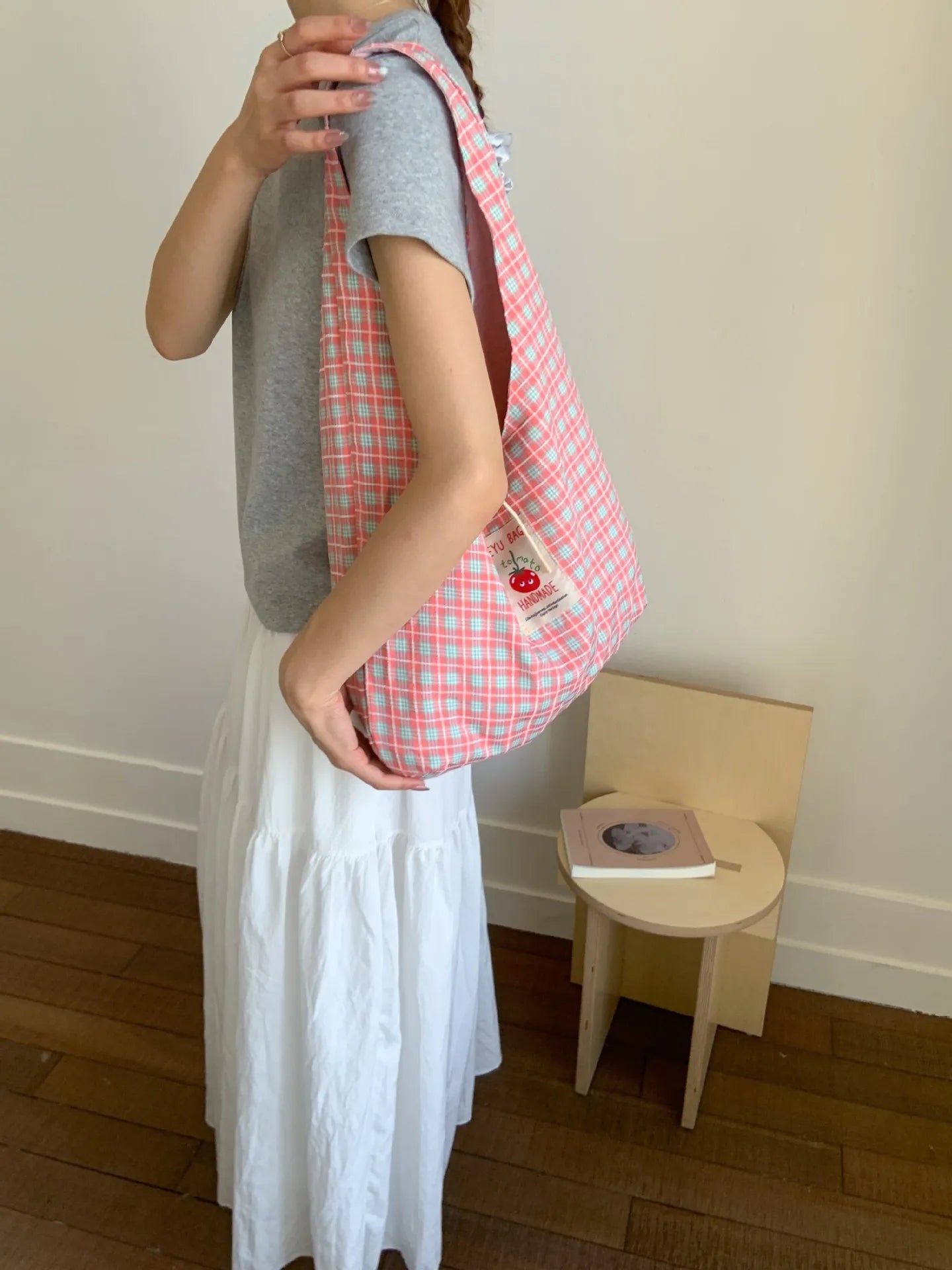 Cartoon Tomato Standard Plaid Vest Bag Large-Capacity Student Class Double-sided Backpack Fashionable Versatile Shoulder Bag