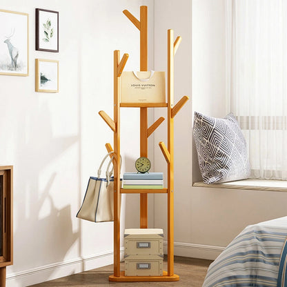Bamboo Corner Tree Coat Rack Stand with Hooks And Shelves Clothes Hanger for Entryway Bedroom Organization