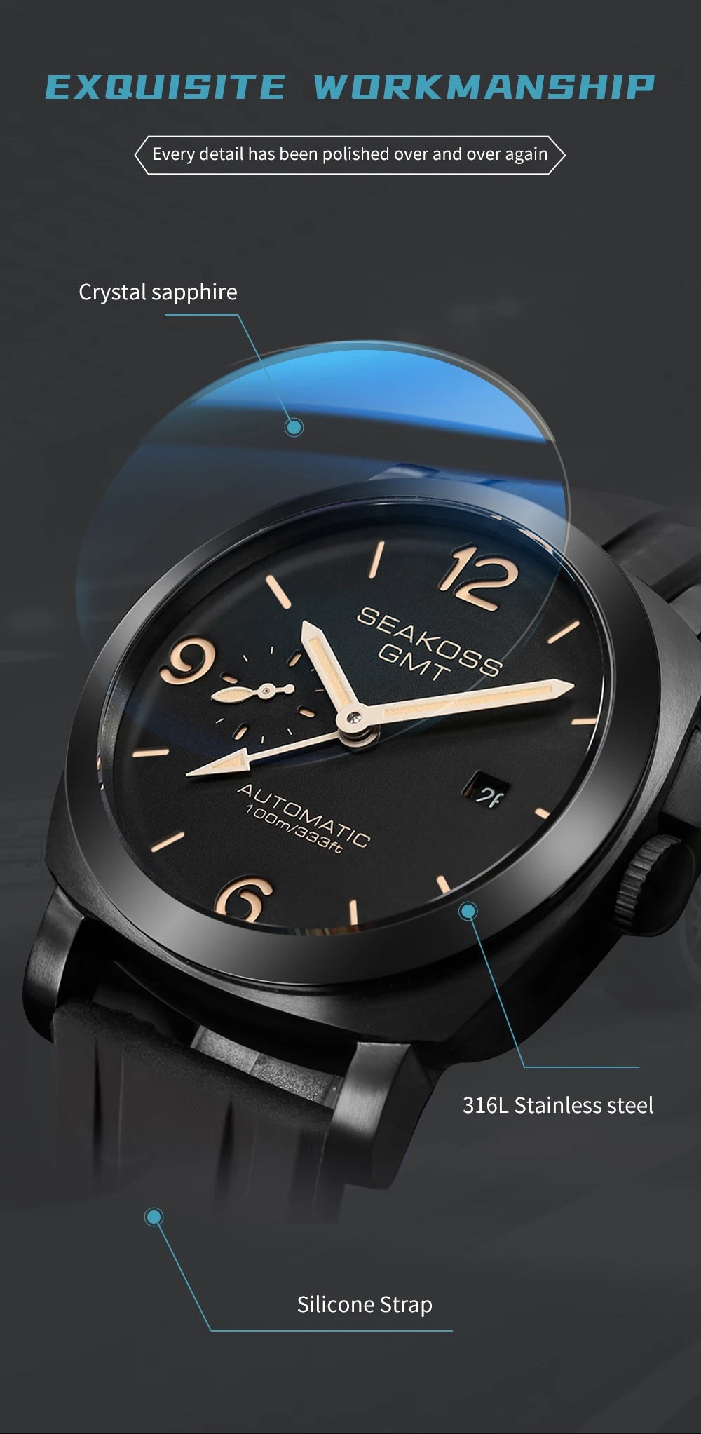 SEAKOSS GMT Super Luminous Diving Automatic Mechanical Watch Men 10ATM 1963 Seagull st2557 Movement Calendar Sapphire Wristwatch