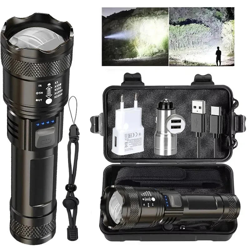 Super Bright LED Flashlight Type-C Rechargeable Long Range Tactical Torch Outdoor Waterproof Emergency Camping Fishing Lantern
