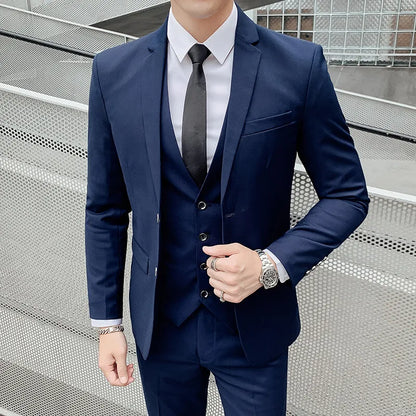 Suit (Blazer+Vest +Trousers) Men's Fashionable Gentleman Business Banquet Korean-style Formal Dress Casual Wedding 3-piece Set