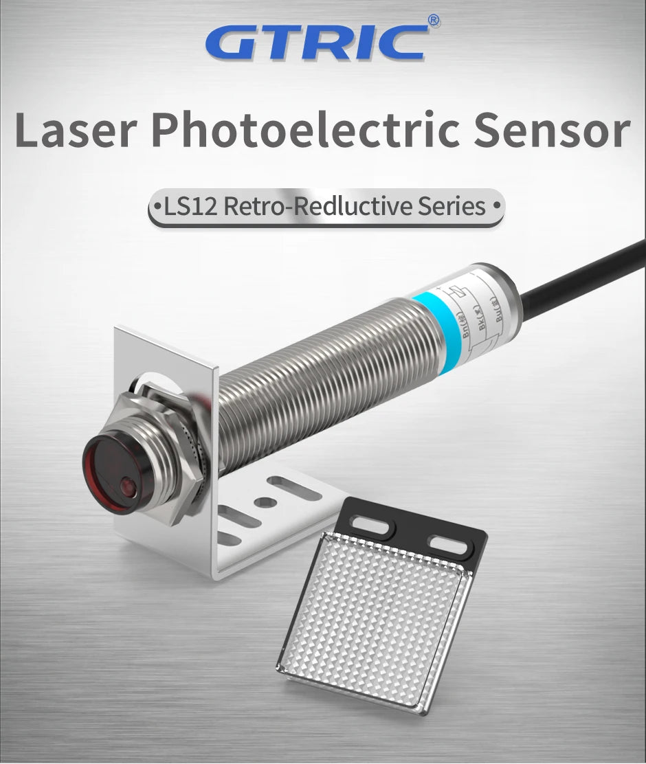 GTRIC Laser Photoelectric Sensor Retro-reflective M12 Series 10-30V NPN PNP Visible Spot 2mm Sensing Distance 6M Adjustable