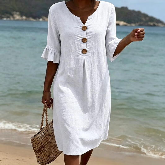 2026 Amazon European and American Cross-Border Spring and Summer New Cotton and Linen V-Neck Dress with Large Buttons and Ruffle