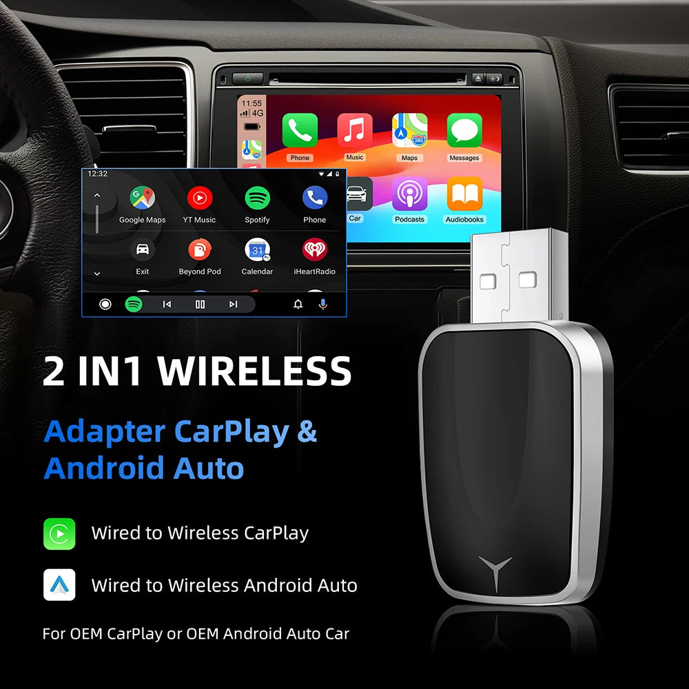 2 in 1 Smart Dongle AI Box Mini Adapter Wired to Wireless Carplay&Android Auto Compatible with 99% of Cars Plug and Play WiFi