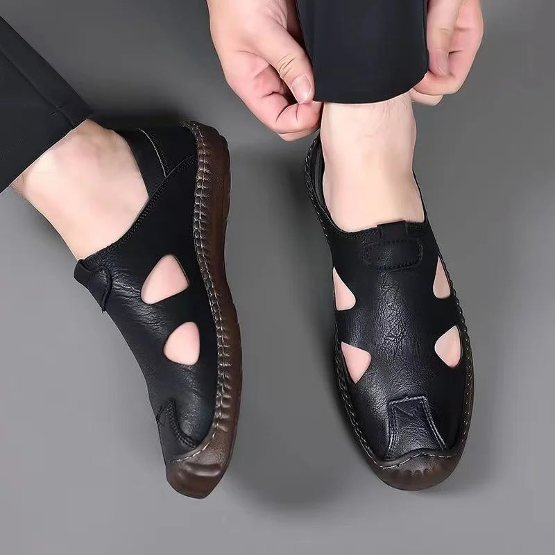 Men's Comfortable Soft-Soled Slip-On Sandals Breathable Hollow-Out Anti-Slip Wear-Resistant Business Casual Loafers-8222