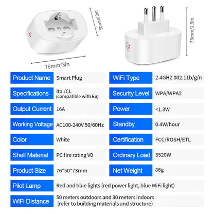 Smart WiFi Socket BSD60 Italian Chilean Plug EU Compatible 16A 20A Power Monitor App Remote Control Timer Countdown Group