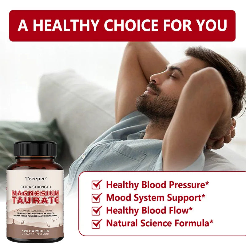 Magnesium Taurate Capsules, High Absorption Chelated, Supports Heart Health, Calm Stress, Restful Sleep & Restless Leg Relief