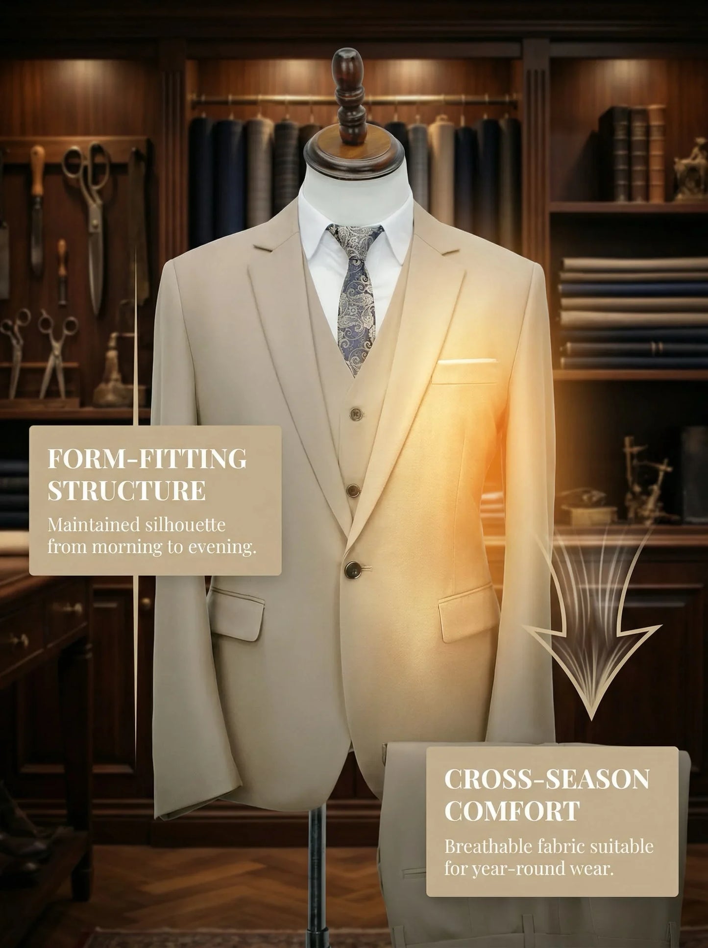 Men's Smart Casual 3-Piece Suit Single Breasted Solid Slim Fit Elegant Office Party Wedding Set