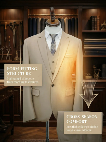 Men's Smart Casual 3-Piece Suit Single Breasted Solid Slim Fit Elegant Office Party Wedding Set