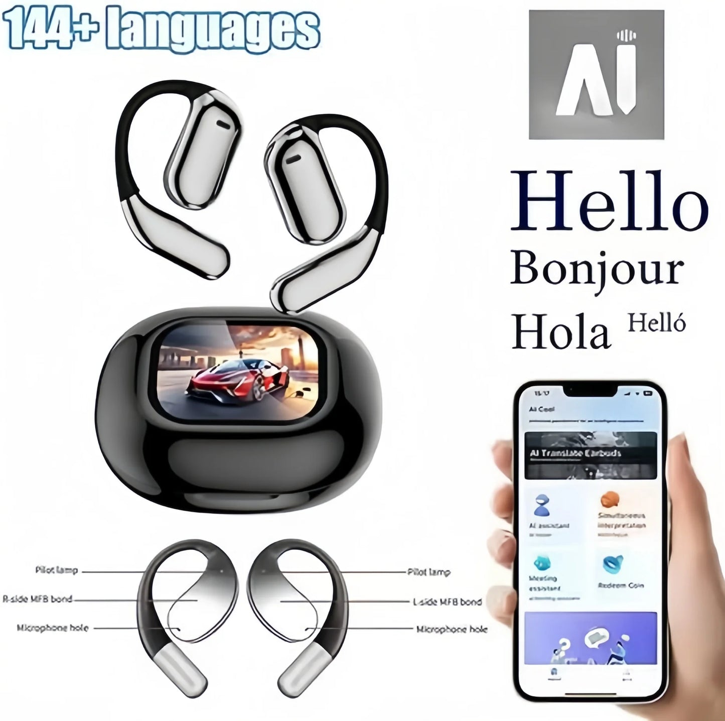 AI Translating Earbuds Real-time 144 Languages Translation Earphone Touch LCD Screen OWS Open Ear Wireless Headphone HiFi Stereo