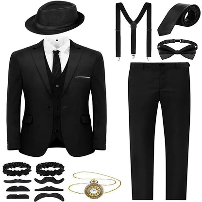 Retro Gatsby 1920S Men's Slim Fit Suit Set with Hat Vest Shirt for Engagement Party Dress Up