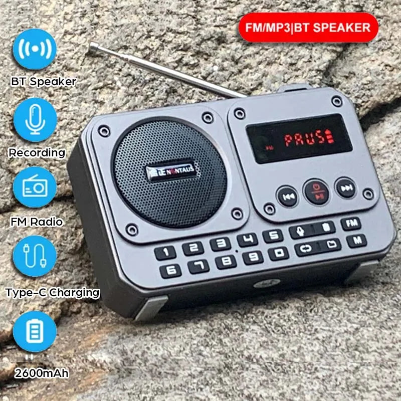 Mini Portable FM Radio Multifunctional Radios Bluetooth Speaker Recorder with LED Display Folder Switching TF Card U Disk Play
